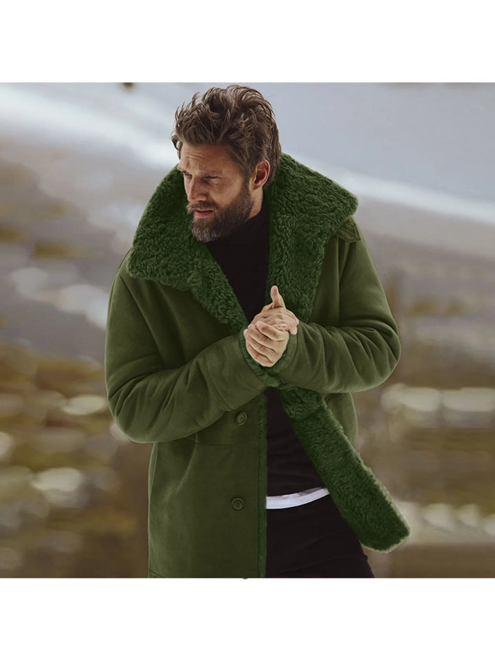 A Men's Warm Fleece-Lined Jacket Featuring Durable Faux Suede Fabric and Thick Lining Designed for Practical Windproof Protect