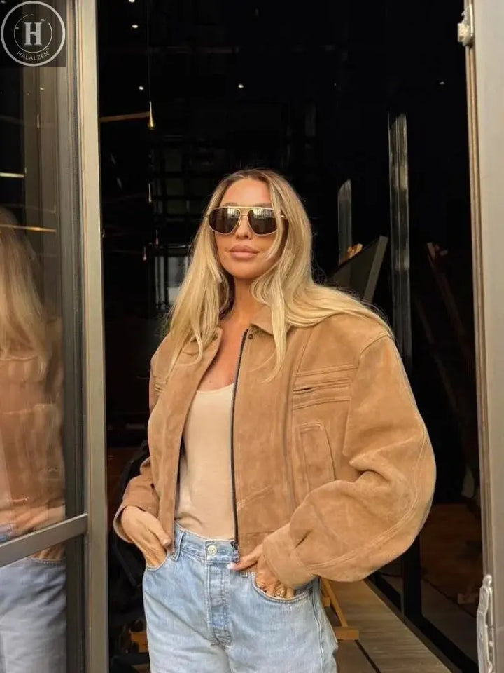 Full Sleeve Zipper Cropped Suede Jacket Women Casual Lapel Pocket Loose Thin Coat 2025 Autumn Lady Highstreet Commute Outwear Halalzen UK