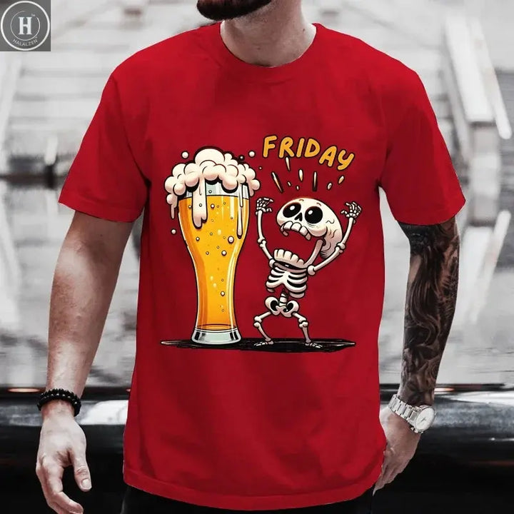 Summer Hot Sale Beer T-Shirts Funny 3D Skull Print T Shirt For Men Fashion New Oversized T-shirt Casual O-neck Short Sleeve Tops HALALZEN