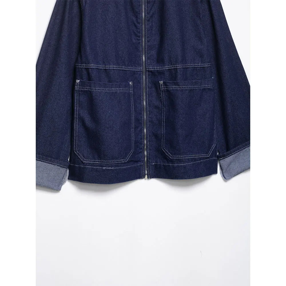 DUOPERI Women‘s Blue Denim Jacket with Pockets Cuff Overlap Casual Lapel Neck Long Sleeves Female Chic Elegance Mujer Outerwear