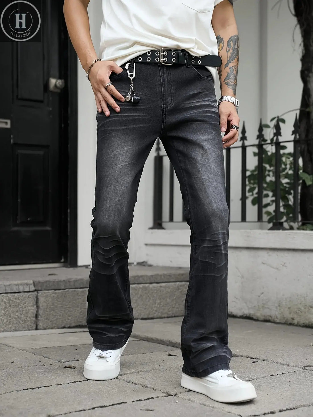 High street Vibe style heavyweight washed black grey slightly flared elastic slim fit jeans for men Halalzen UK