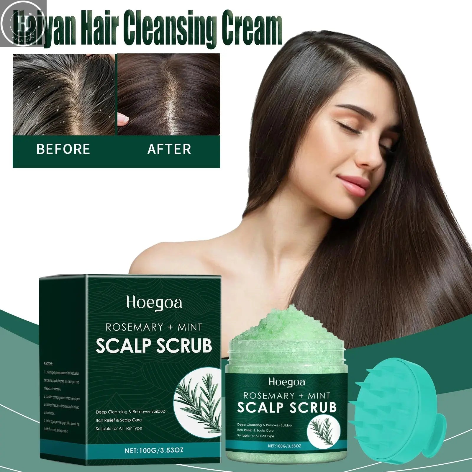 Scalp Scrub Exfoliator With Massage Brush Peppermint Rosemary & Sea Salt For Oil Control Dandruff Deep Cleansing Refreshing Set HALALZEN