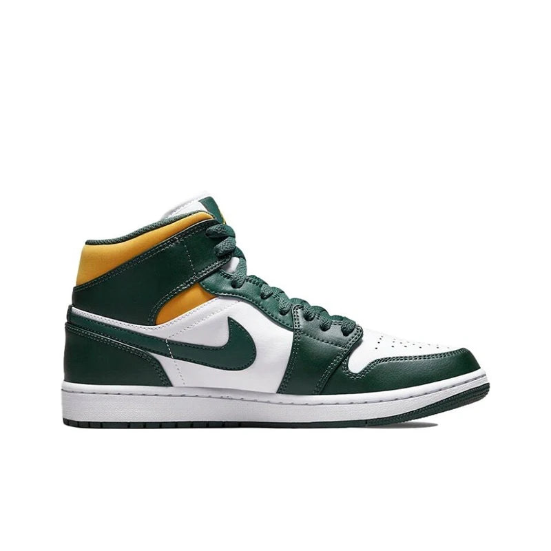 Original Air Jordan 1 Mid Seattle Supersonics High Top Retro Basketball Shoes Men's White Green Yellow Sneakers