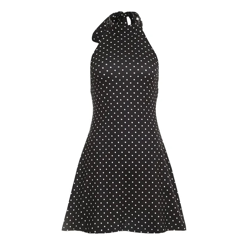 Polka Dot Halter Mini Dress for Women Elegant Off-shoulder Sexy Lace-up Sleeveless Backless Fashion Club Party Dress