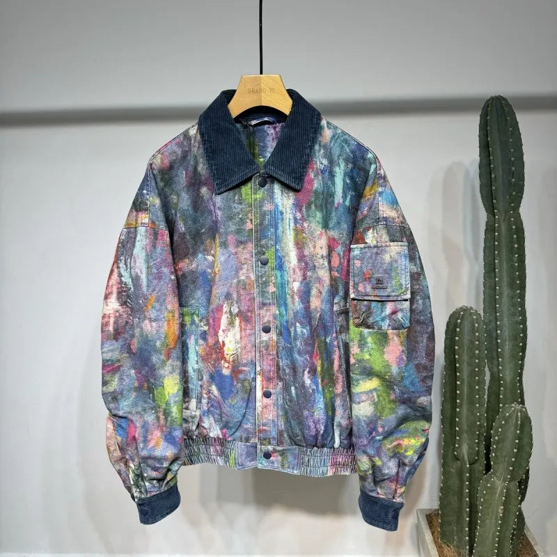 Fashion Hip Hop Mesn Camouflage Denim Jacket Patchwork Lapel Loose Fit Personality Spring Street Long Sleeve Casual Coat Male