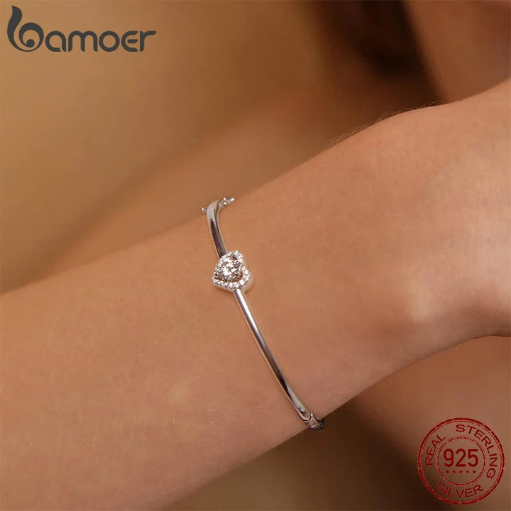 BAMOER 0.5CT Hollowed Heart Moissanite Bracelet Round Cut D Color Wrist Cuff Bangle 925 Sterling Silver for Women Wedding Gift