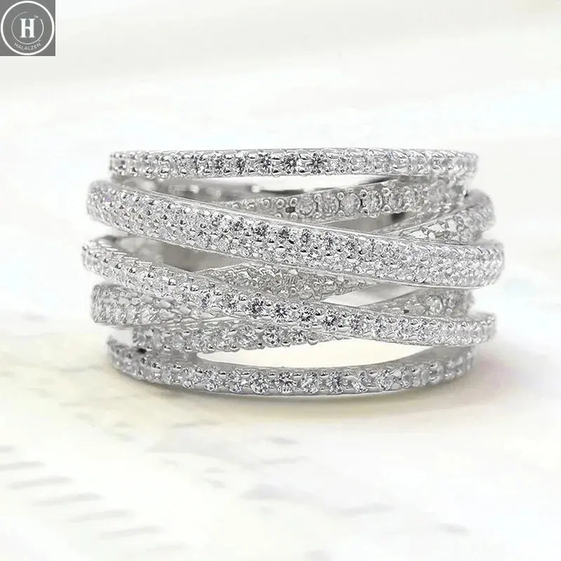 Luxury Female Rings 925 Sterling Silver Multi Layered Cross Ring for Women Micro Inlaid Zircon Promise Love Engagement Jewelry HALALZEN