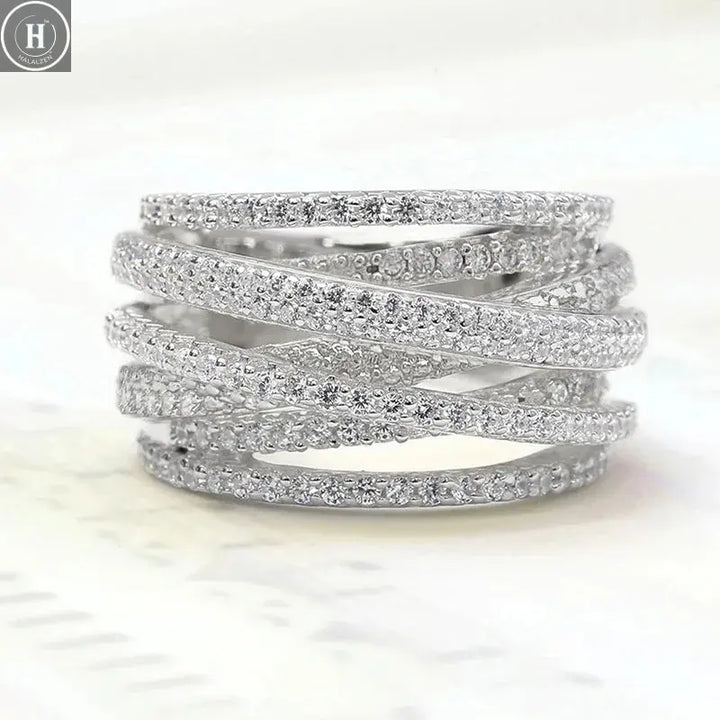 Luxury Female Rings 925 Sterling Silver Multi Layered Cross Ring for Women Micro Inlaid Zircon Promise Love Engagement Jewelry HALALZEN