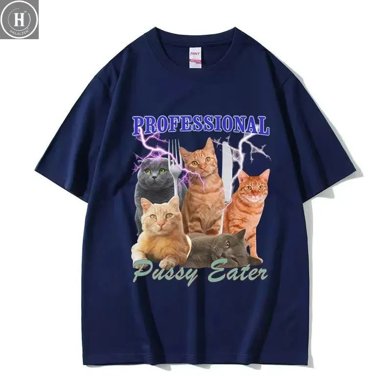 Professional Pussy Eater Funny Cat Lover Tee Shirt Men's Casual Fashion Clothing T-shirt Unisex 100% Cotton Oversized T Shirts HALALZEN