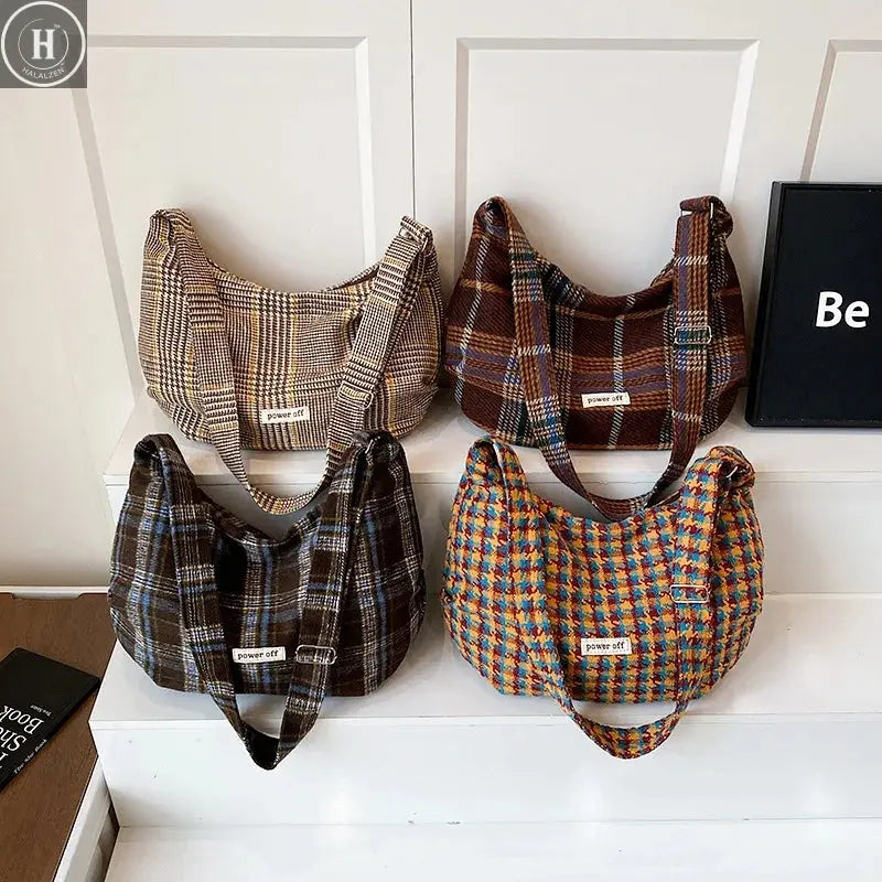 Fashion Versatile Plaid Shoulder Bag Retro Crossbody Wool Commuter Fashion Large Capacity Backpack HALALZEN