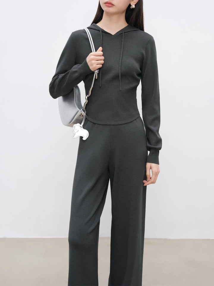 ZIQIAO Petite Size Casual Hooded Knitwear Pants Suit Women 2024 Fall Winter New Drapy Pants Two-piece Set 24ZQ94097+24ZQ94098