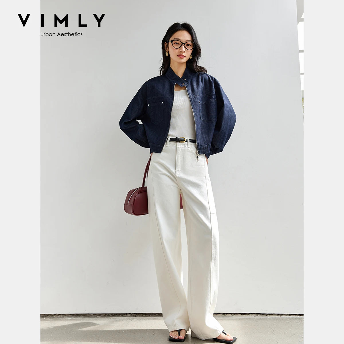 VIMLY Blue Denim Jackets Women Stand-up Collar Short Jeans Jacket Ladies 2025 Spring Autumn Zipper Loose Outerwear Woman A0616