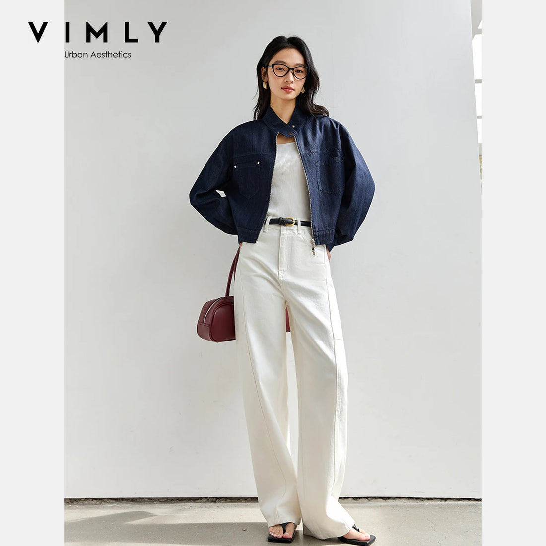 VIMLY Blue Denim Jackets Women Stand-up Collar Short Jeans Jacket Ladies 2025 Spring Autumn Zipper Loose Outerwear Woman A0616