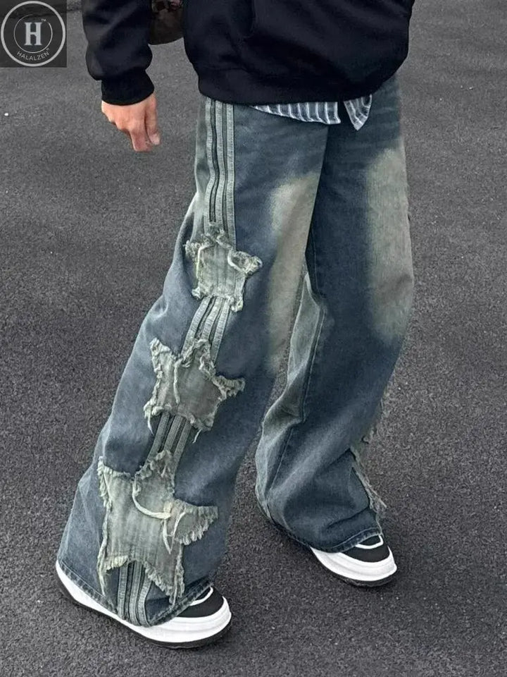 Star Jeans for Women Girls Baggy Cute Patchwork Denim Pants Y2k High Waisted Jeans Grunge Aesthetic Clothes Halalzen UK