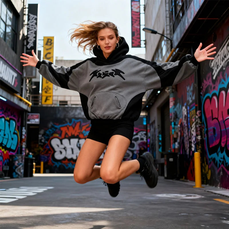 Winter Fashion Streetwear Women's Color - Block Embroidered Hoodie Trendy Oversized Casual Long - Sleeve Sweatshirt 2025 New