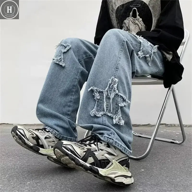 2025 New Fashion Stars Towel Embroidery Brown Men Jeans Pants Y2K Clothes Straight Hip Hop Cotton Trousers Pantalon Homme Halalzen UK