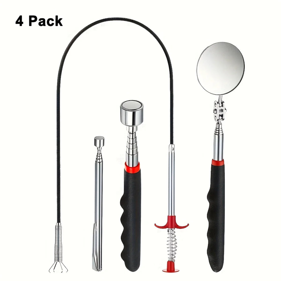 4pcs Telescopic Magnetic Pick Up Tool Set Inspection Mirror Flexible Spring Claw Grabber Magnet Stick Auto Mechanic Repair Tools