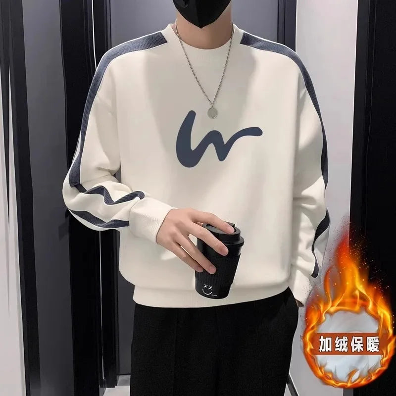 Round Neck Sweatshirt Spring Autumn Men's Autumn Velvet Bottoming Casual Long-sleeved T-shirt