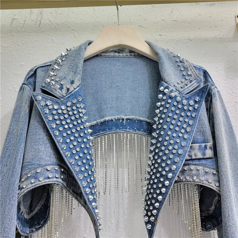Rhinestone Beaded Tassels Rivets Denim Jacket Short Crystal Fringed Backless Jeans Coat Diamonds Cowboy Cardigan Sequins Tops