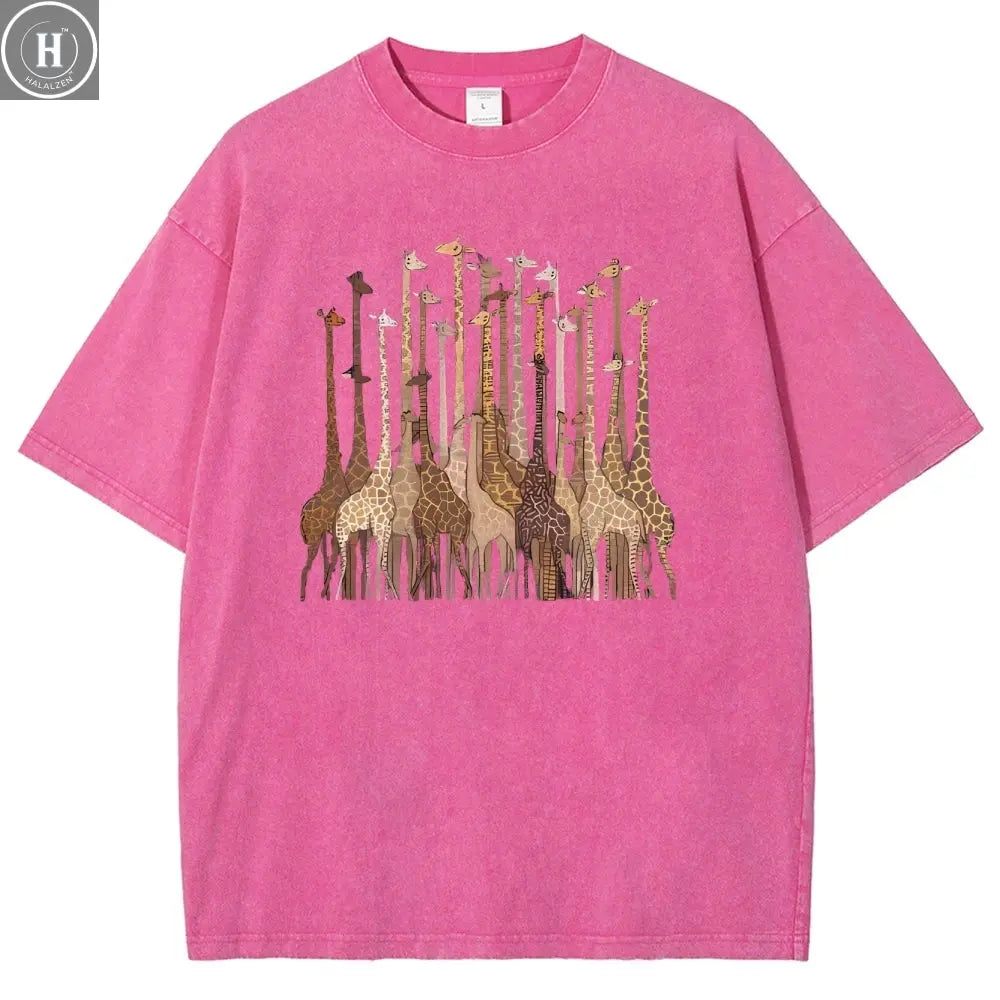 100% Cotton Women's T-Shirt High Quality Soft Cartoon Funny Giraffe Print T-Shirt Custom T-Shirt Daily Wear Clothing HALALZEN
