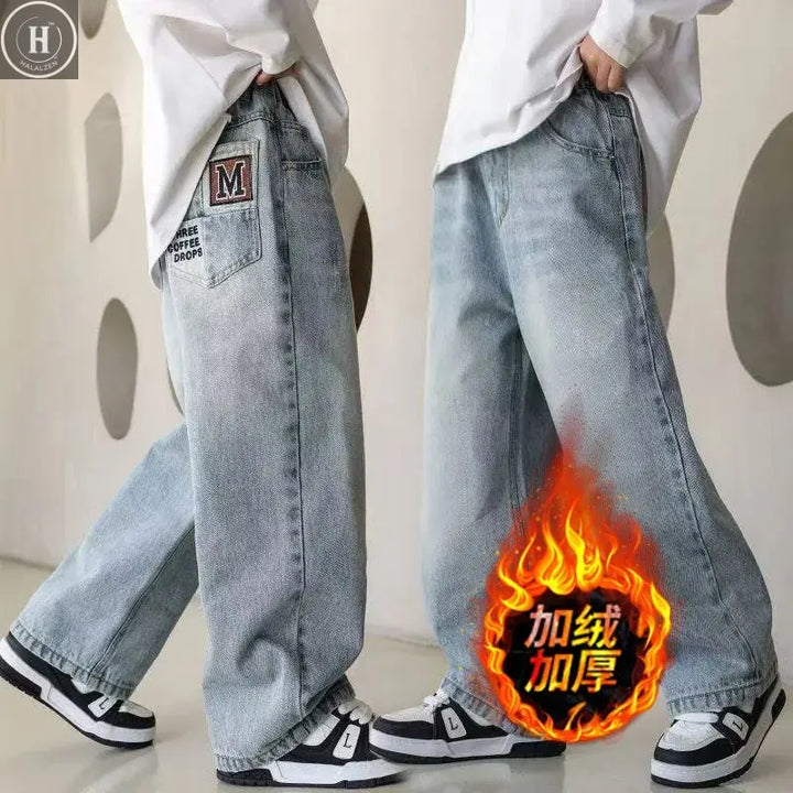 Boys Winter Warm Jeans New Style Teenage Children Trendy Brand Loose Straight Leg Fleece Denim Pants Kids Loose Trousers HALALZEN