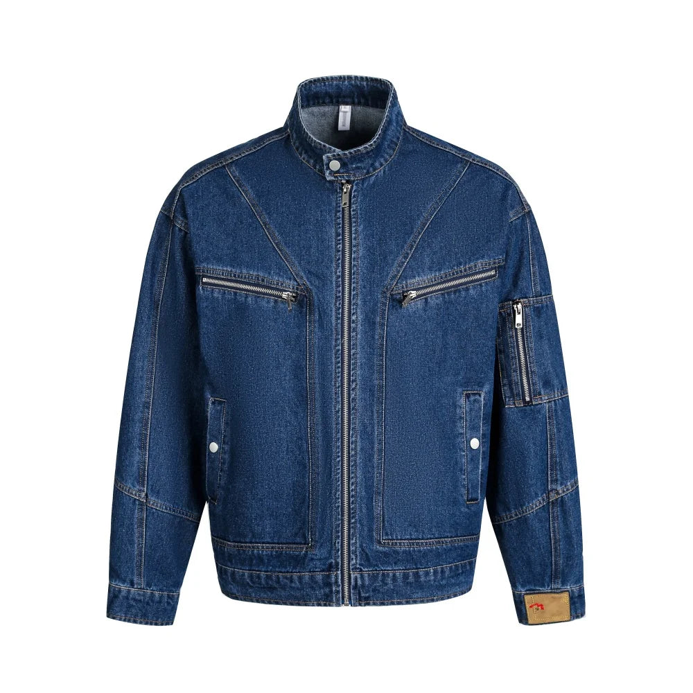Zipper Decoration Denim Jacket Mens Spliced Retro Washed Distressed Stand Collar Long Sleeve Loose Jeans Jacket Man