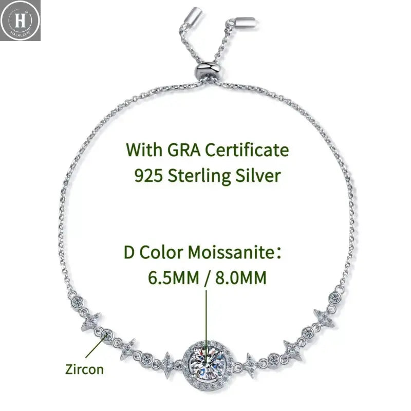 JH 925 Sterling Silver Moissanite Bracelet For Women Adjustable Starry Sky Bracelet Round Cut 1CT Fine Jewelry Lab Gemstone HALALZEN