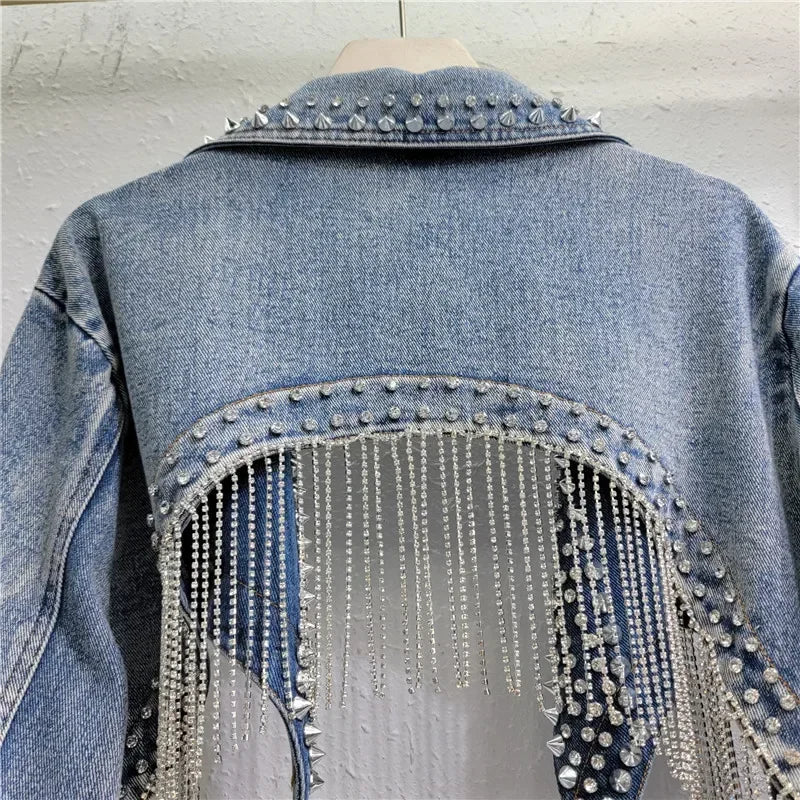 Rhinestone Beaded Tassels Rivets Denim Jacket Short Crystal Fringed Backless Jeans Coat Diamonds Cowboy Cardigan Sequins Tops