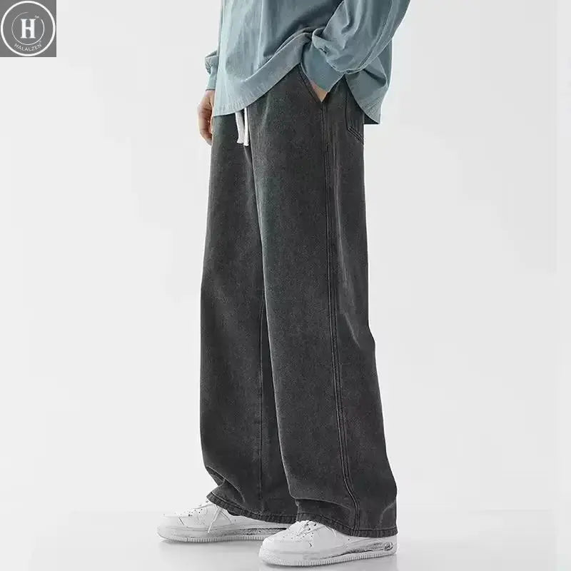 2025 New Streetwear Loose Jeans Men Korean Style Fashion Loose Straight Wide Leg Pants Men's Brand Clothing Black Light Blue HALALZEN