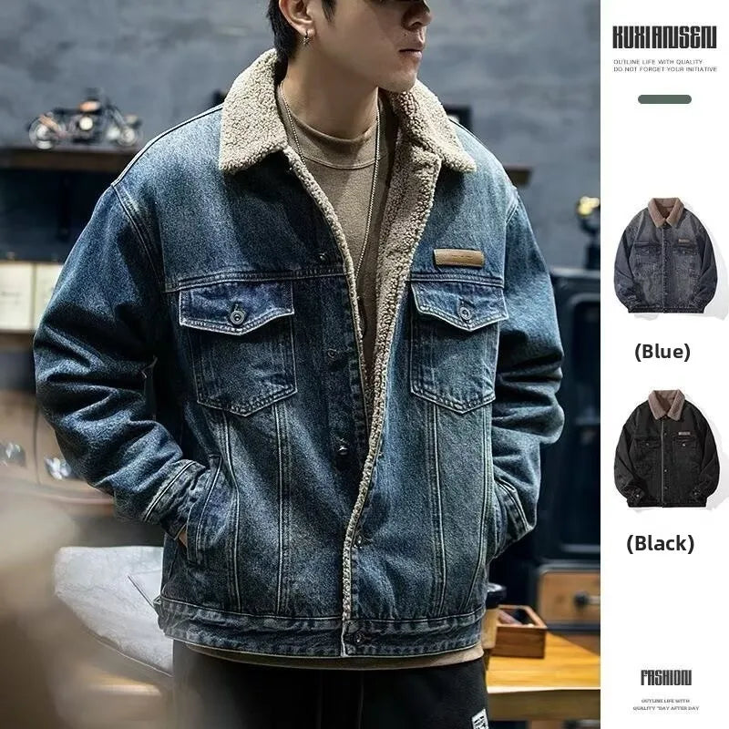 Men's Winter Thiened Lamb Velvet Cotton Jaet Casual Warm Workwear Denim Sle Coat with Inner Fce Collar Stand up Coat
