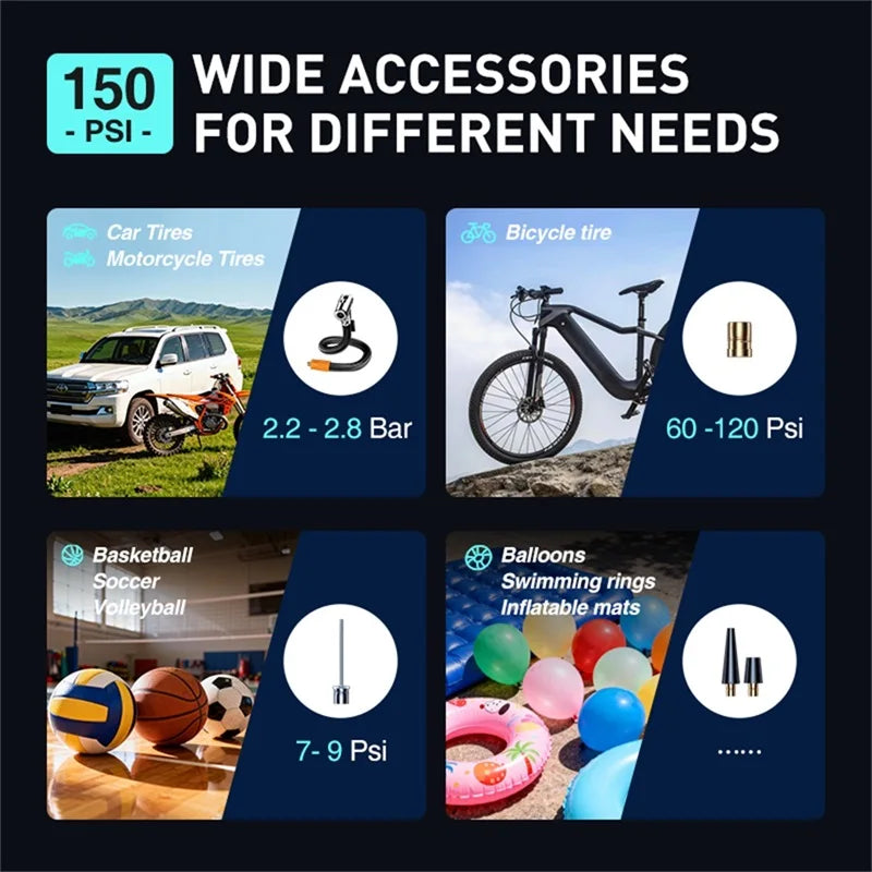 car jump starter 150PSI Portable Charger with Smart Digital Display, Suitable for Cars, Motorcycles, and Bicycles