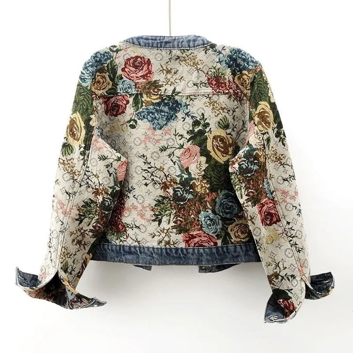 Chinese retro jacquard long-sleeved round neck denim jacket women's spring new fashion temperament short Joker little jacket.