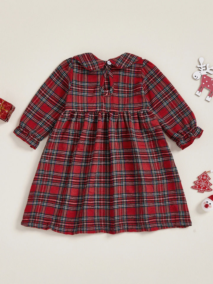 Christmas Plaid Dress with Santa and Reindeer Embroidery Doll Collar Long Sleeves A-line Silhouette - Adorable Winter and