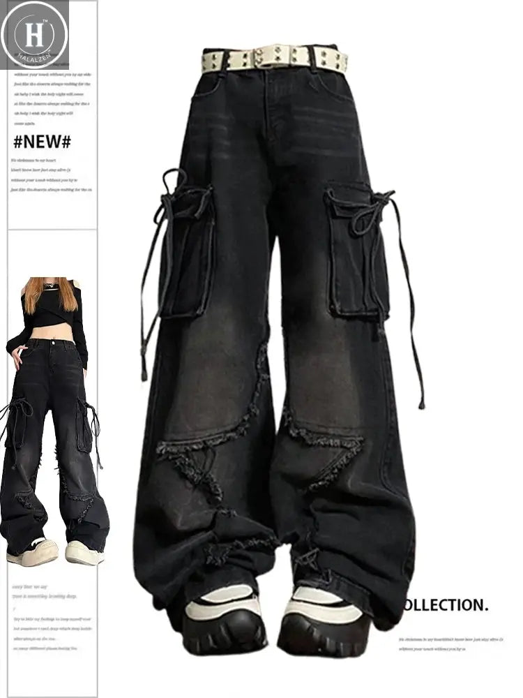 Women's Black Gothic Baggy Cargo Jeans with Star Harajuku Y2k 90s Aesthetic Denim Trousers Emo 2000s Jean Pants Vintage Clothes Halalzen UK