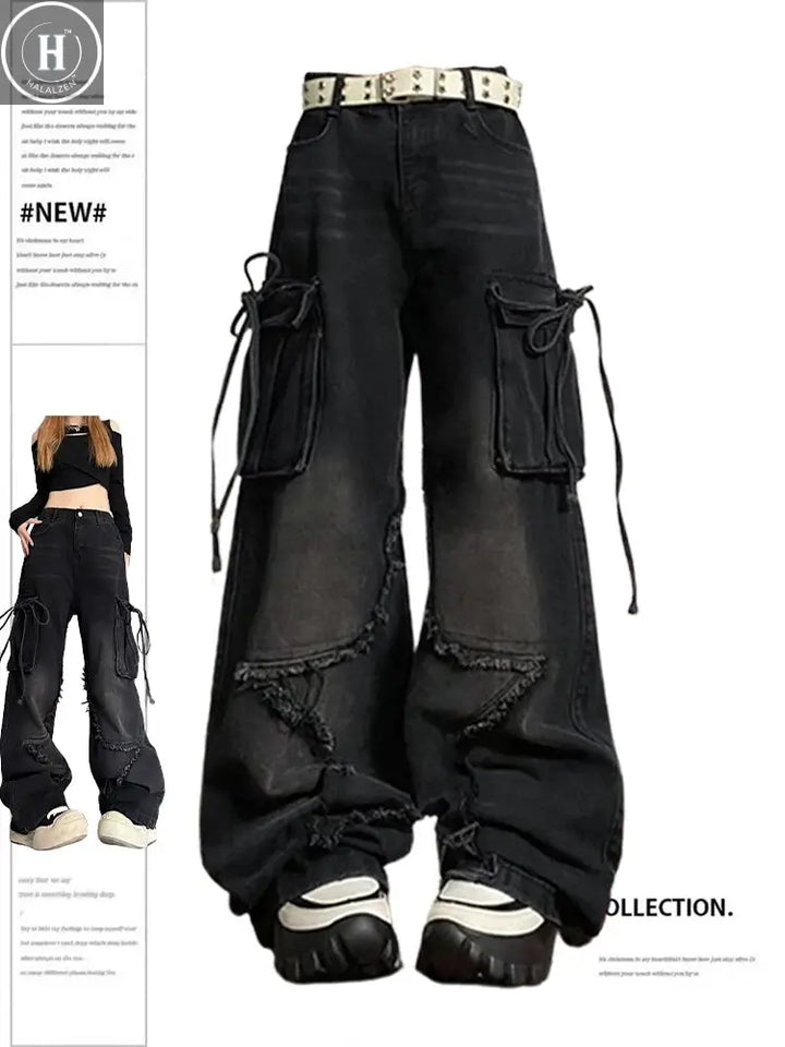 Women's Black Gothic Baggy Cargo Jeans with Star Harajuku Y2k 90s Aesthetic Denim Trousers Emo 2000s Jean Pants Vintage Clothes Halalzen UK