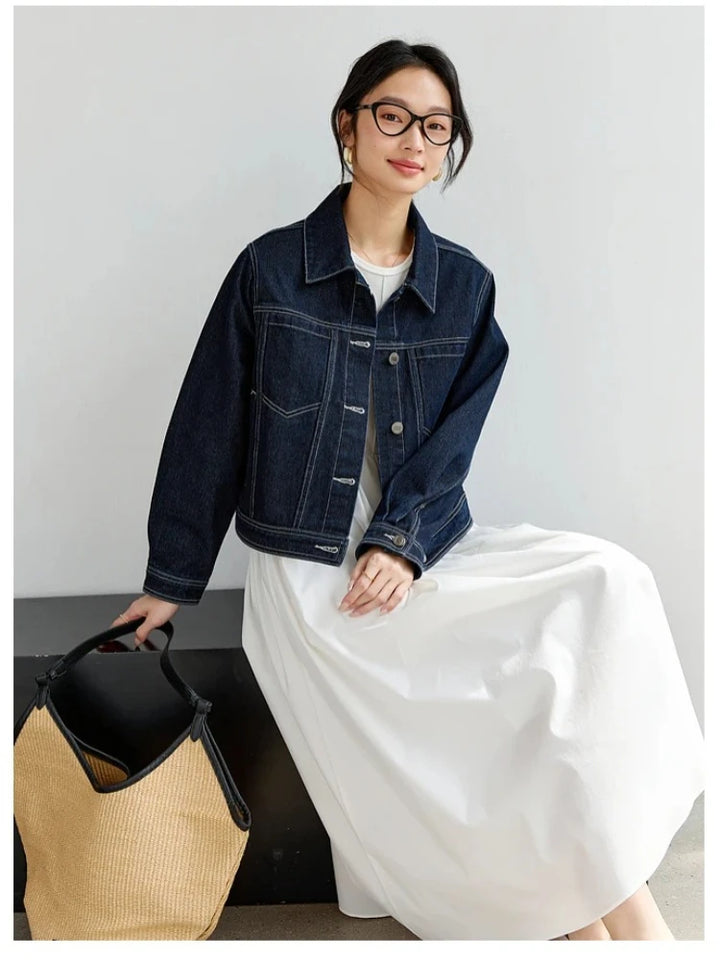 VIMLY Women's Vintage Denim Jacket 2025 Autumn Dark Indigo Jeans Jacket Woman Long Sleeve Loose Outerwears Ladies Clothes 73796