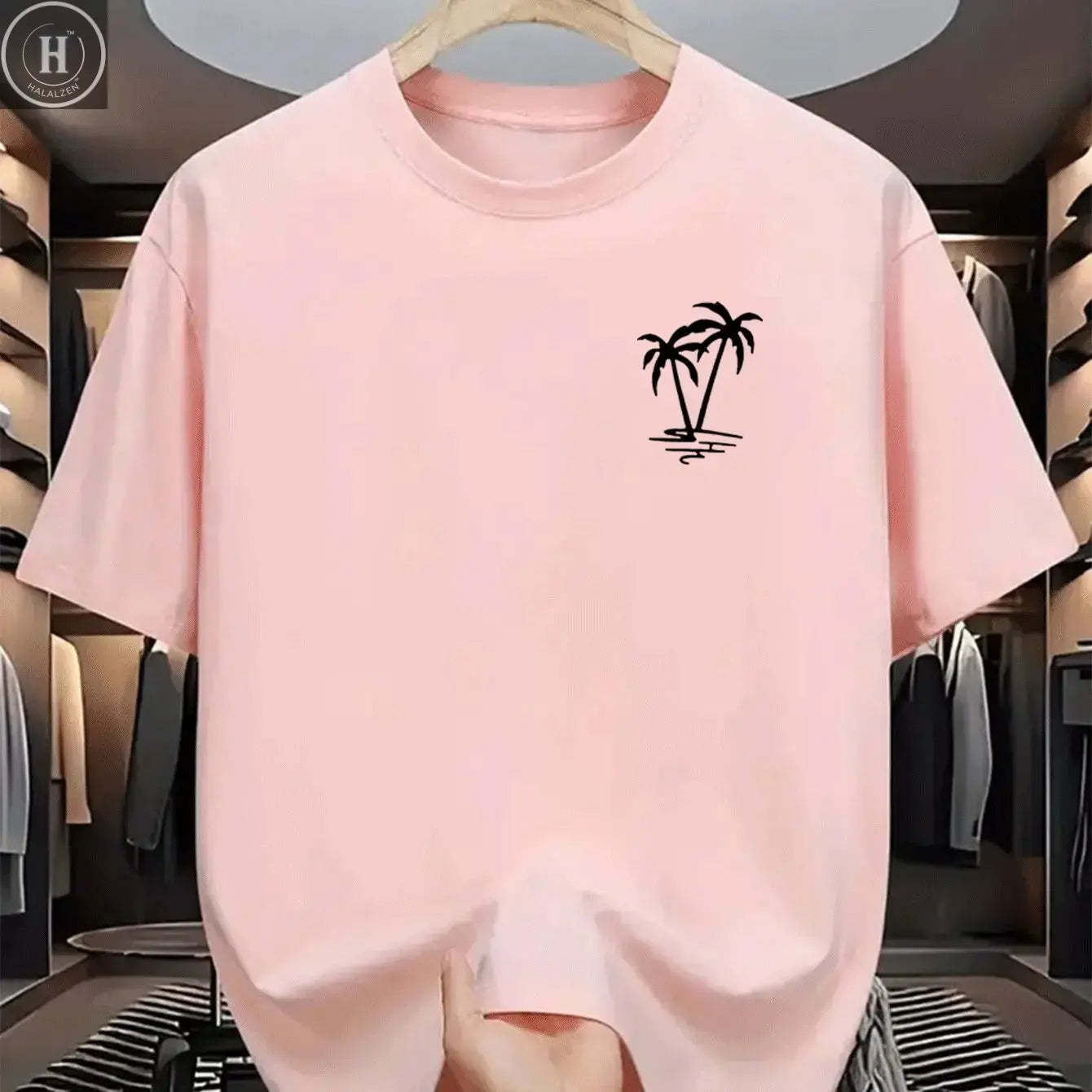 Men's summer 100% cotton fashionable casual loose coconut tree pattern printed sports round neck short sleeved T-shirt top HALALZEN