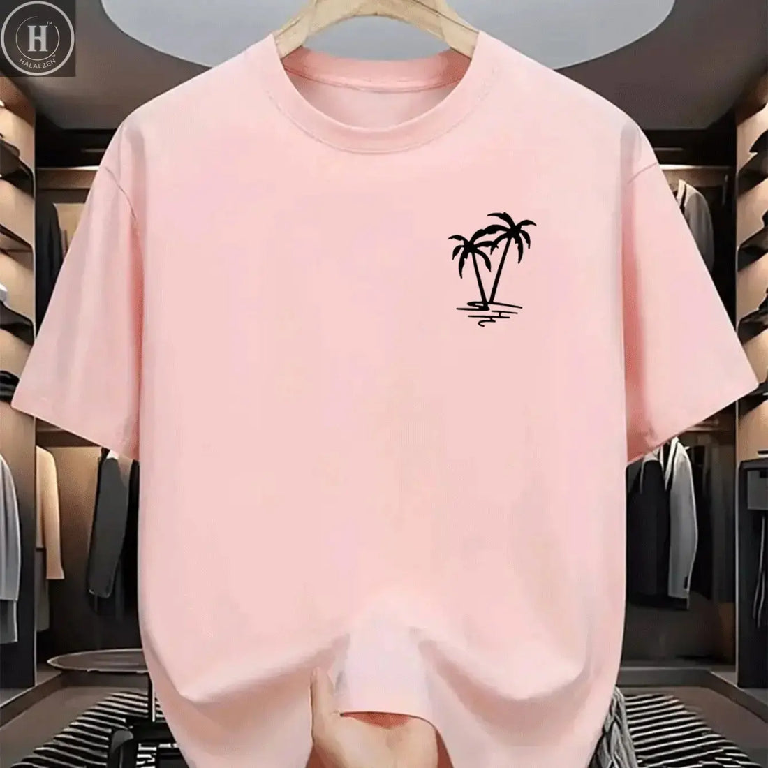 Men's summer 100% cotton fashionable casual loose coconut tree pattern printed sports round neck short sleeved T-shirt top HALALZEN