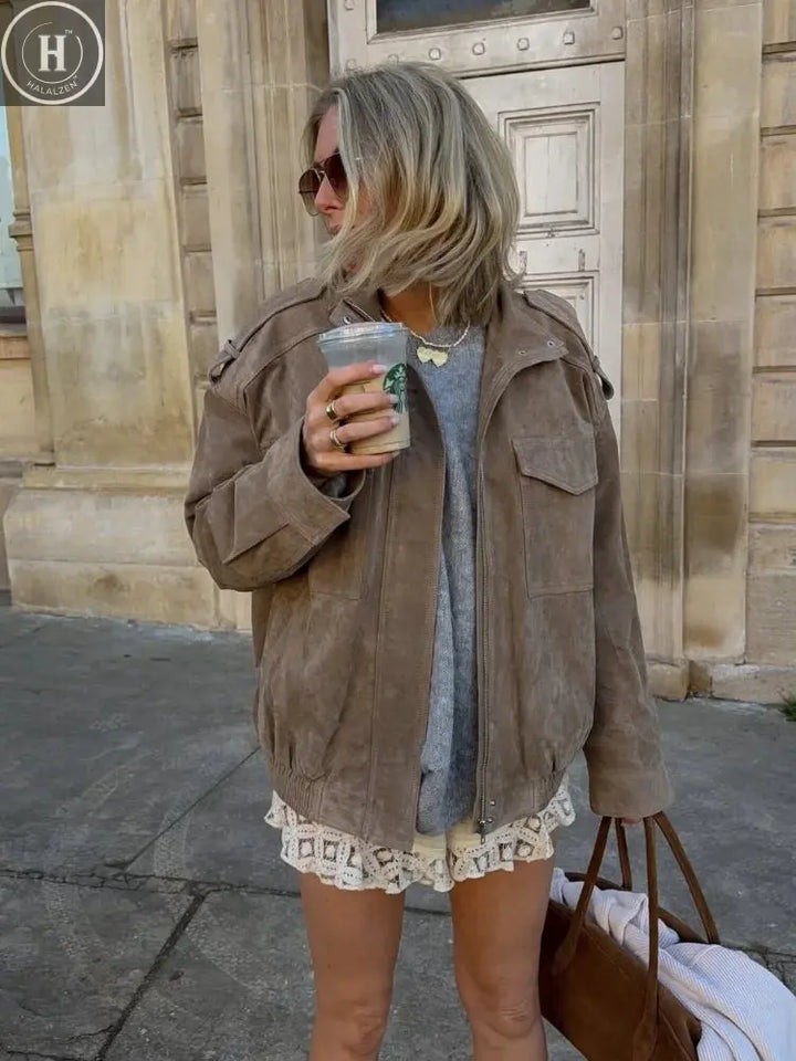 Fashion Stand Collar Suede Jacket Women Long Sleeve Pockets Zipper Loose Bomber Jacket 2025 Autumn Lady High Street Outwear Halalzen UK