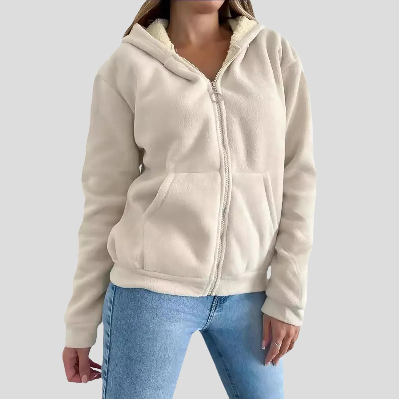 Women Fleece Jacket Trendy Zipper Hooded Fleece Coats Long Sleeve Caaual Loose Fall Winter Sweatshirt Outdoor Clothes Women