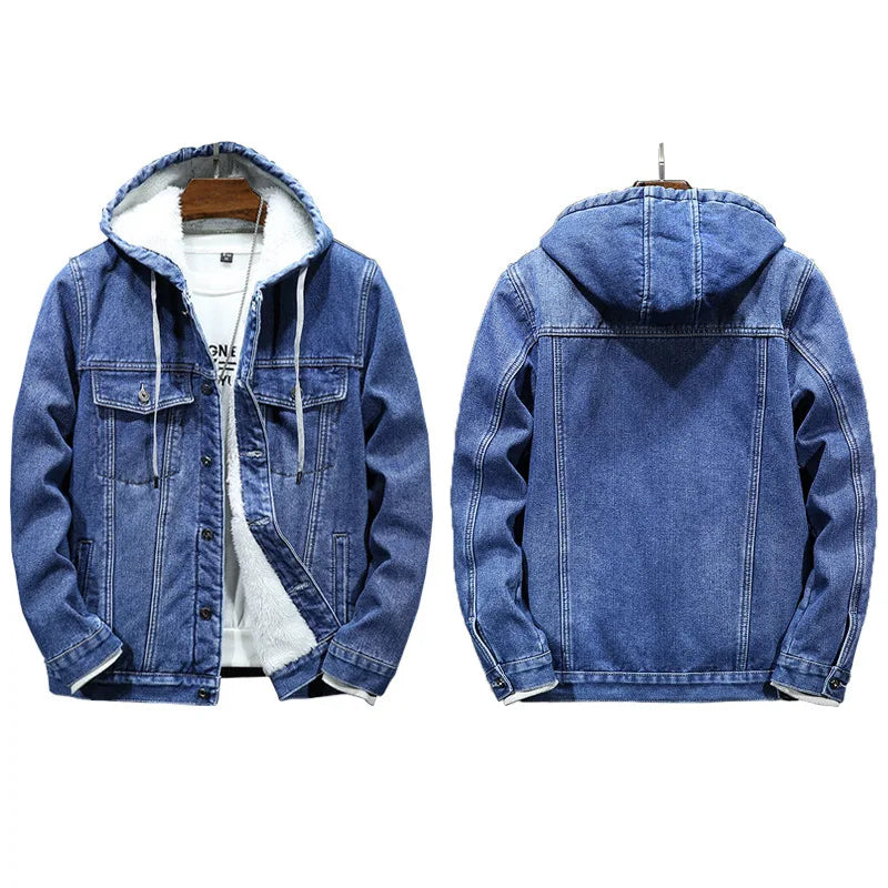 Hooded Denim Jacket Men's Retro Jacket Autumn and Winter Coat Hooded Plus Velvet Windbreaker Thickened and Warm for Men