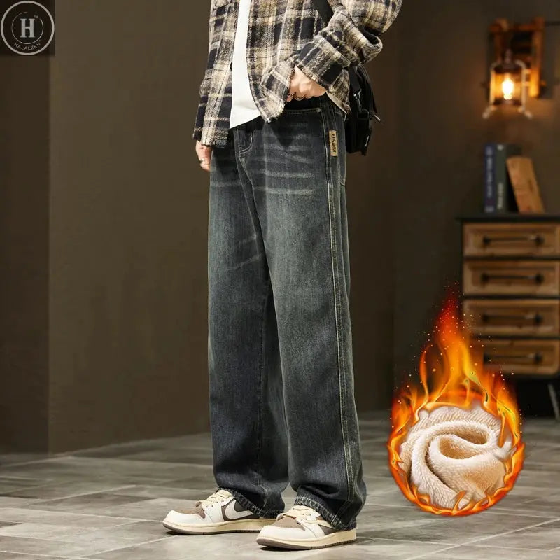Winter Fleece Thick Cotton Jeans Men Warm Korean Velvet Loose Wide Pants Elastic Waist High Quality Outdoors Plush Trousers HALALZEN