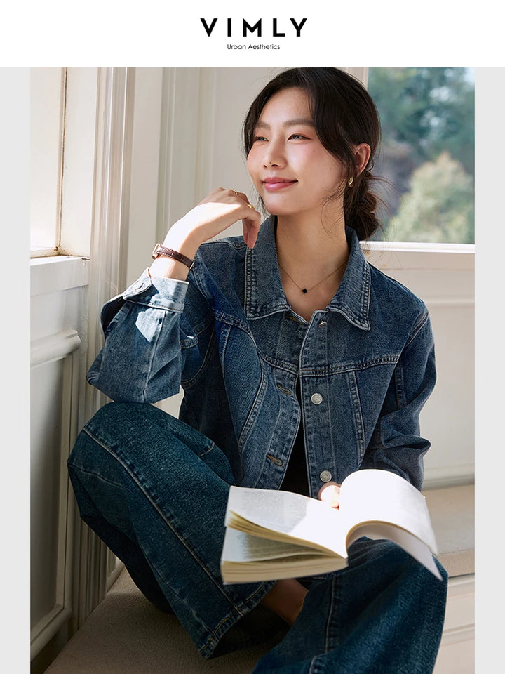 VIMLY Women's Cropped Denim Jacket 2025 Autumn Vintage Washed Jeans Jacket Casual Loose Female Outerwear Woman Clothing 73916