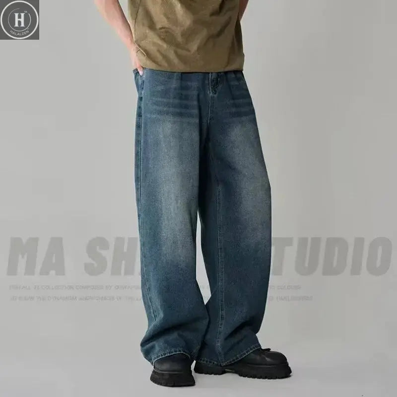Spring Autumn Men's New Denim Pants Old Blue Washed Casual Jeans Menwear Loose New Fashion contrasting color Wide Leg Trousers HALALZEN