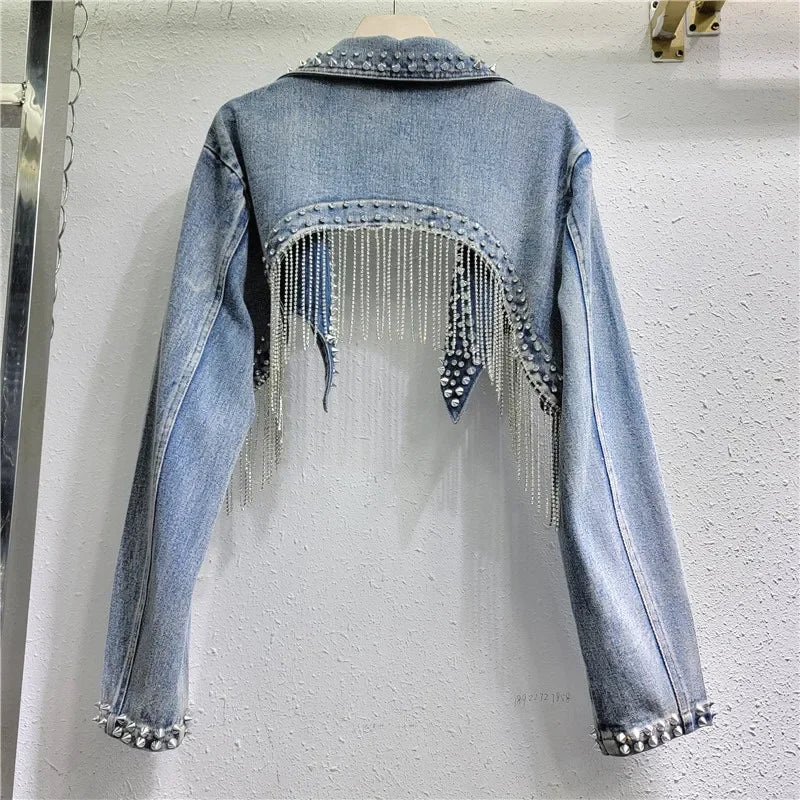 Rhinestone Beaded Tassels Rivets Denim Jacket Short Crystal Fringed Backless Jeans Coat Diamonds Cowboy Cardigan Sequins Tops