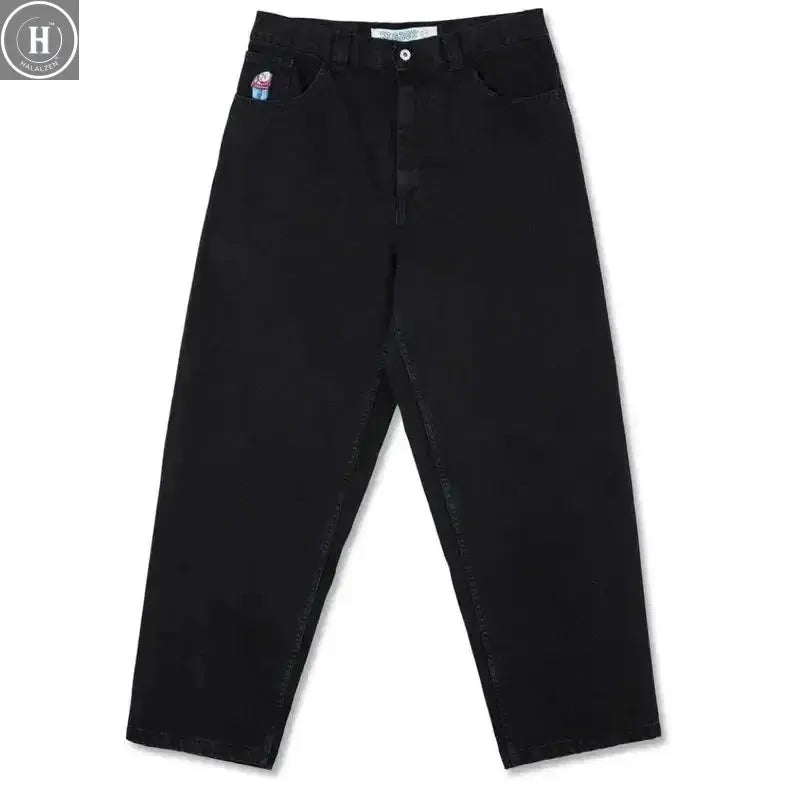 Hip Hop Retro Blue Cartoon Embroidery Jeans for men Gothic Baggy Streetwear Polar Big Boy Jeans Mens Fashion Wide Leg Trouser HALALZEN