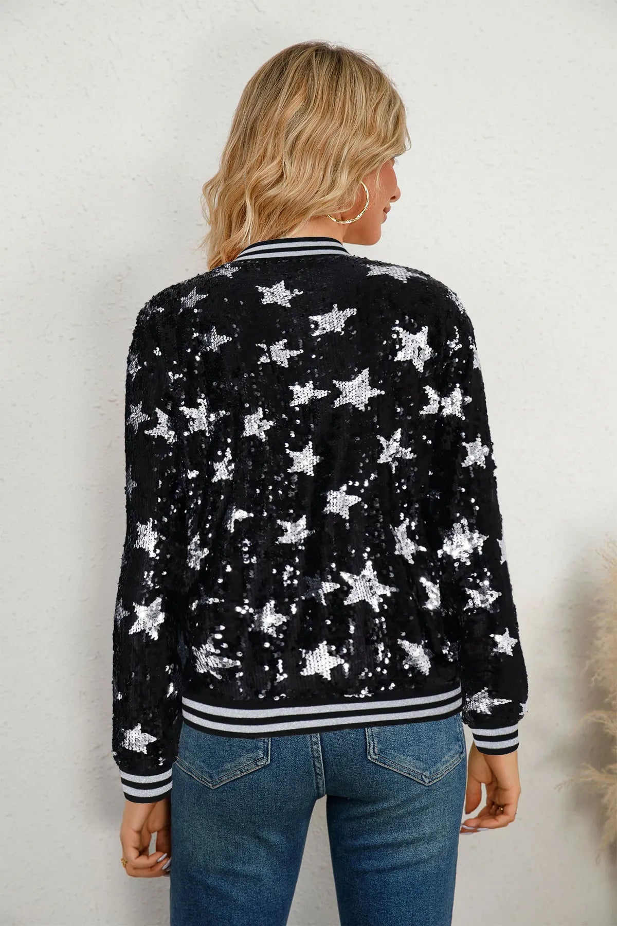 Women Bomber Gradient Color Sequins Baseball Jacket ong Sleeve Short Coats Elegant Solid Female Tops Female Ladies Office Wear