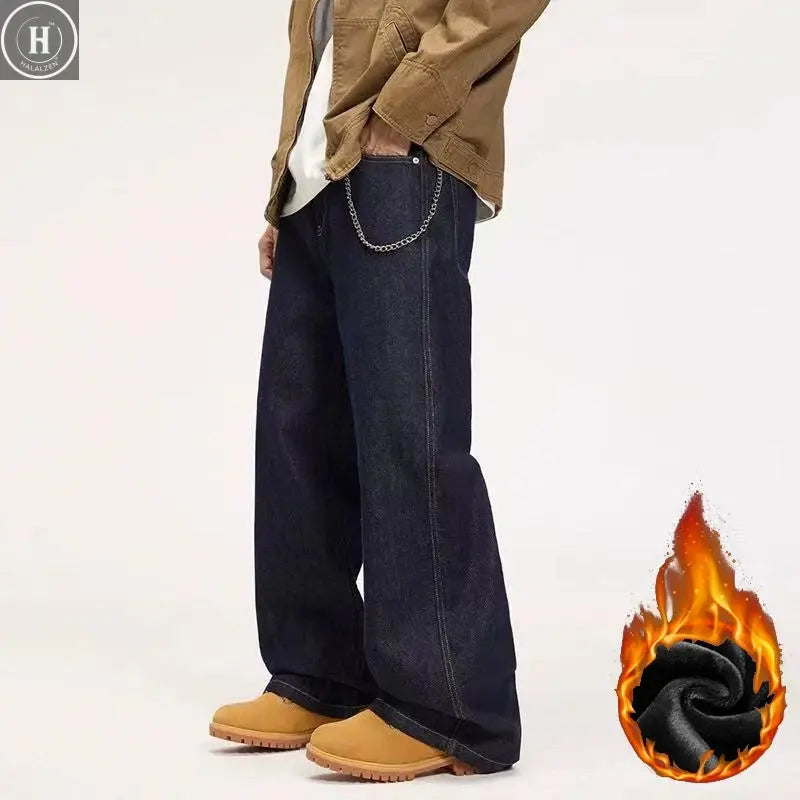 Men Fashion Baggy American Style Straight Winter Thermal Jeans Male New Thickened Windproof Full Length Wide Leg Long Trousers HALALZEN