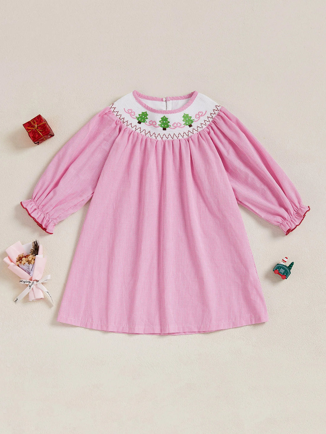 Christmas Toddler Girl Dress with Festive Tree Embroidery Mock Neck Long Sleeves and Plaid Print - Holiday A Line Dress