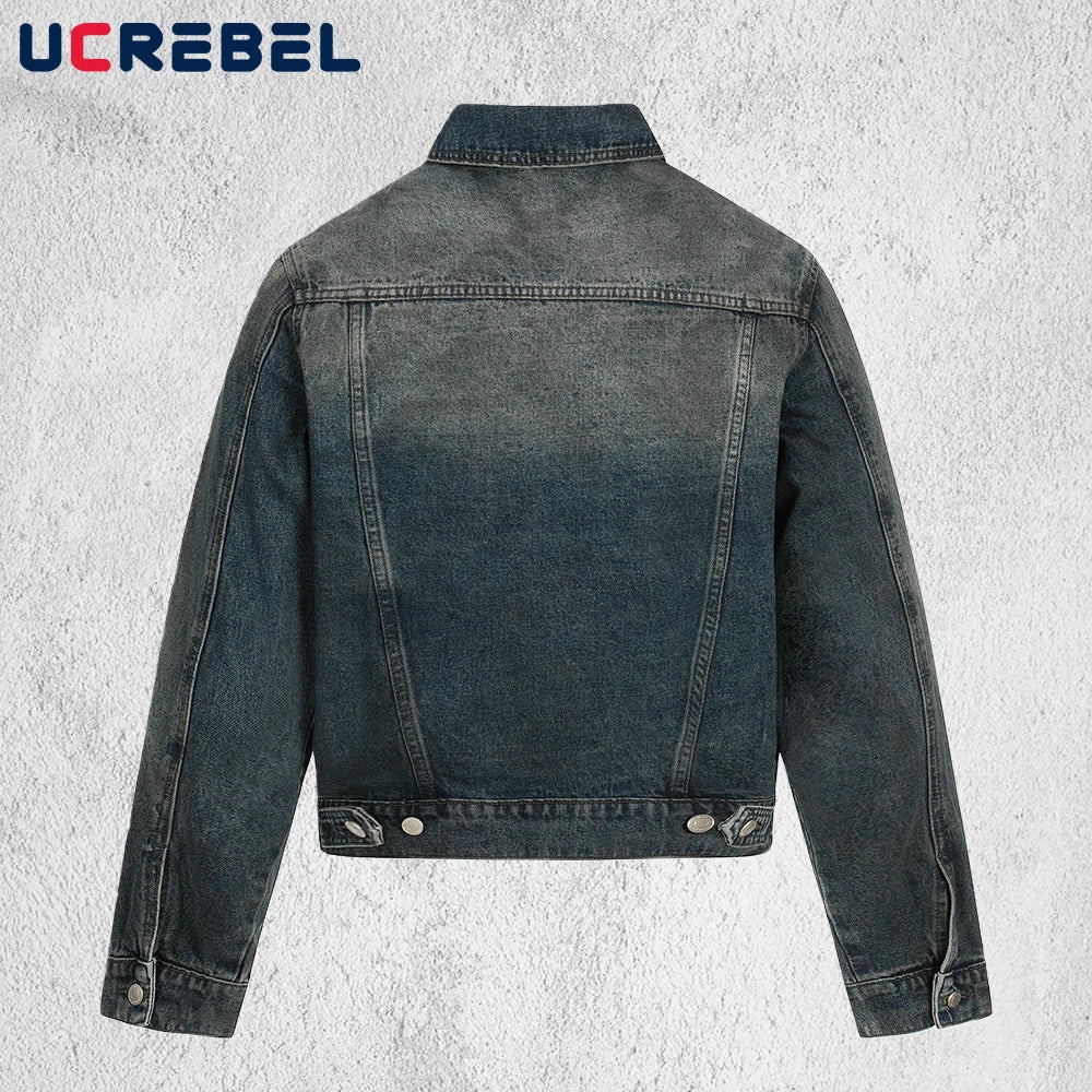 Pocket Spliced Denim Jacket Mens Autumn Winter Retro High Street Washed Distressed Lapel Single Breasted Cowboy Jacket Man